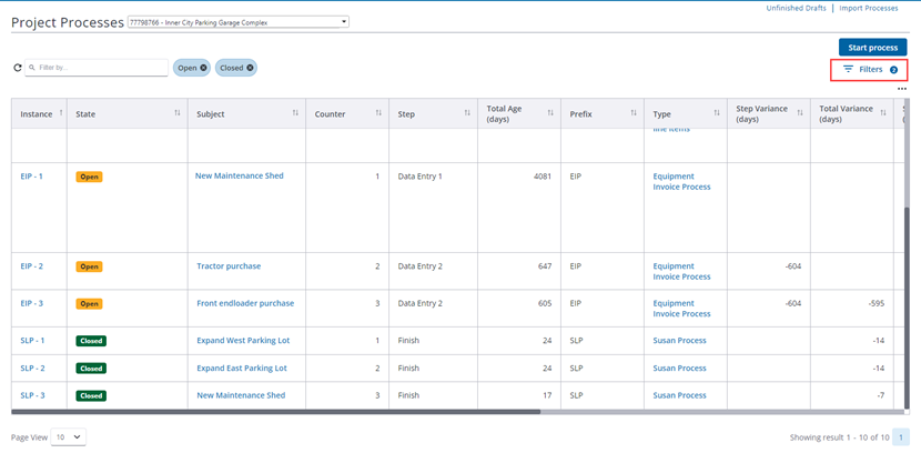 Project Processes Page with Chip Filters